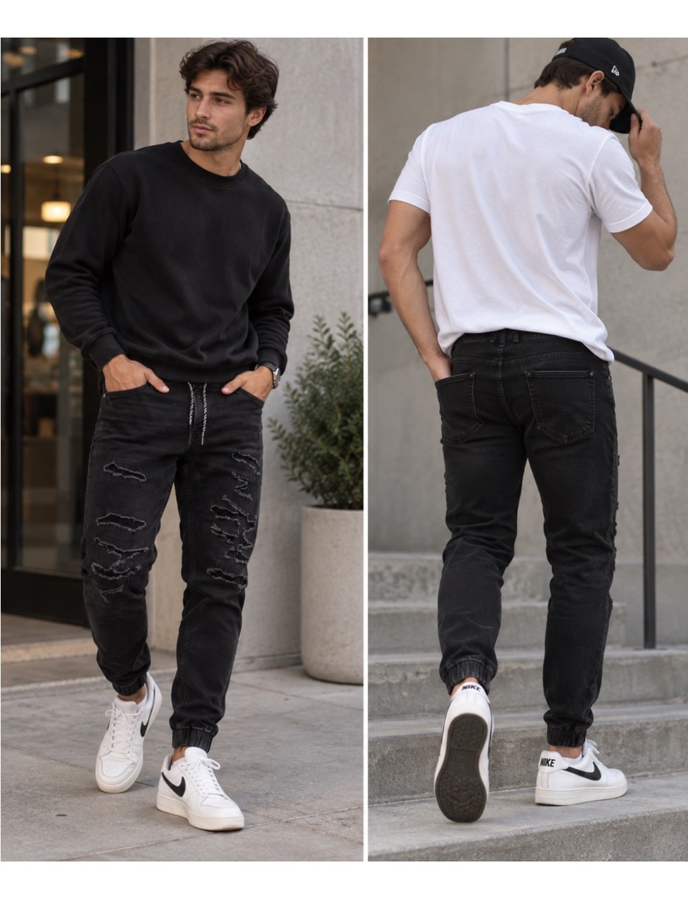 Men’s Black joggers in stretch denim (M).